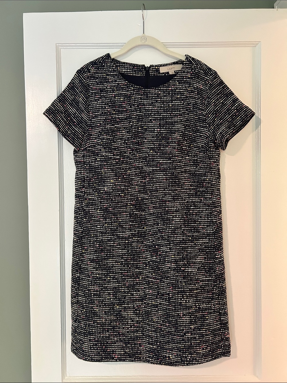 LOFT Navy and White Textured Short-Sleeve Shift Dress